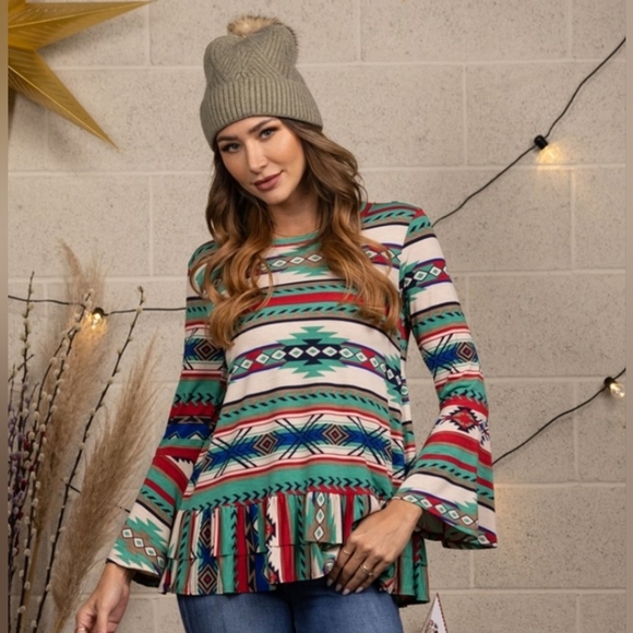 🇺🇲Host Pick🔥Native American Print Ruffle Top In Size S, M or L - Picture 3 of 15